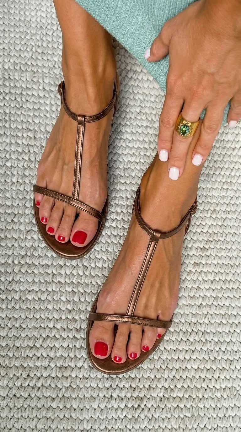 Sandalias Metalizadas de Verano Planas con Tira en T